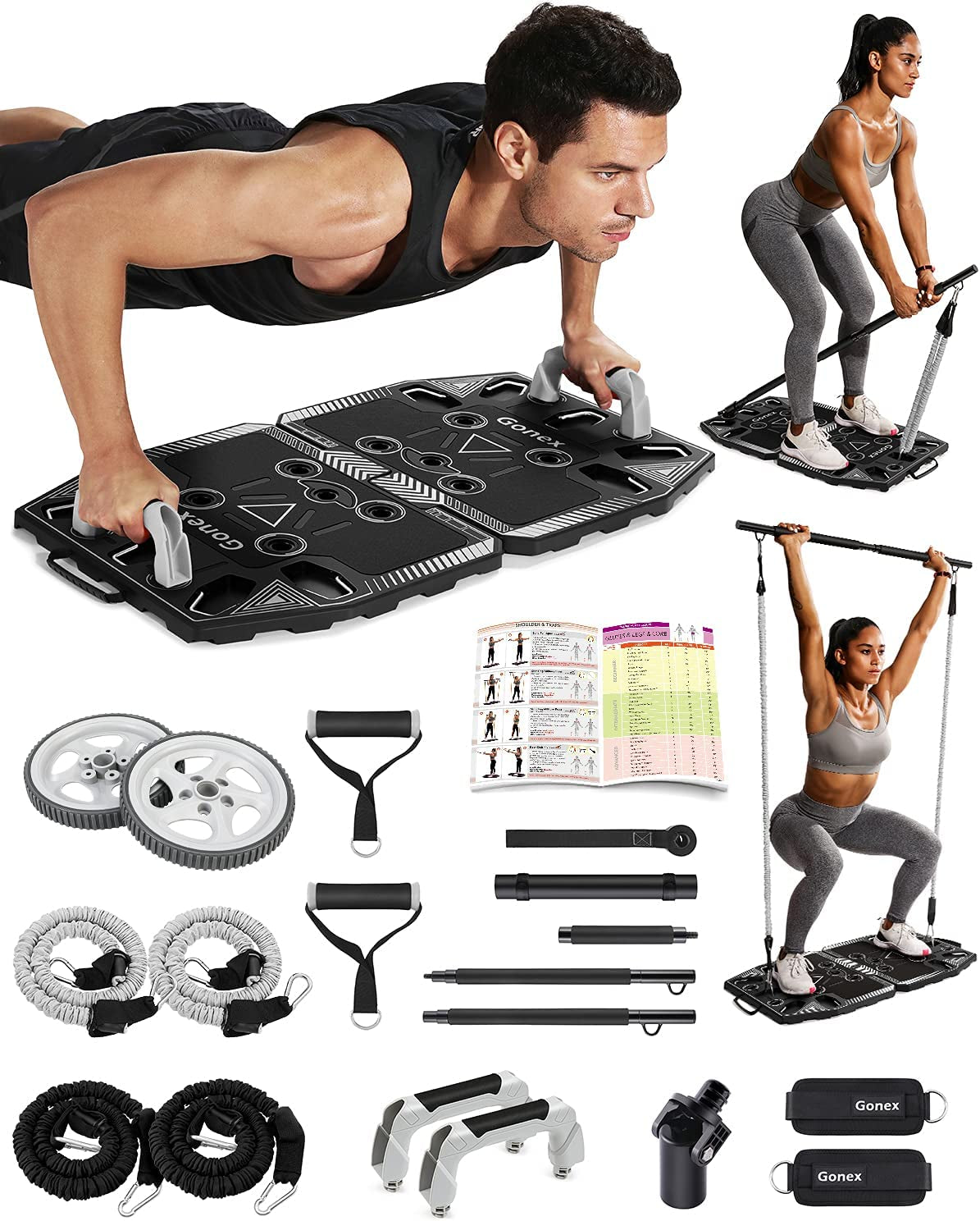 Gonex Portable Home Gym Workout Equipment with 14 Exercise Accessories Ab Roller Wheel,Elastic Resistance Bands,Push-Up Stand,Post Landmine Sleeve and More for Full Body Workouts System